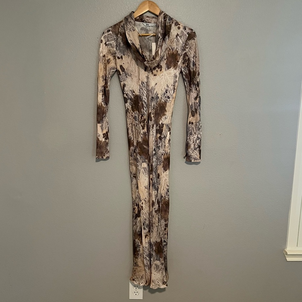 NWT Zara Beige and Brown Long Sleeve Dress S